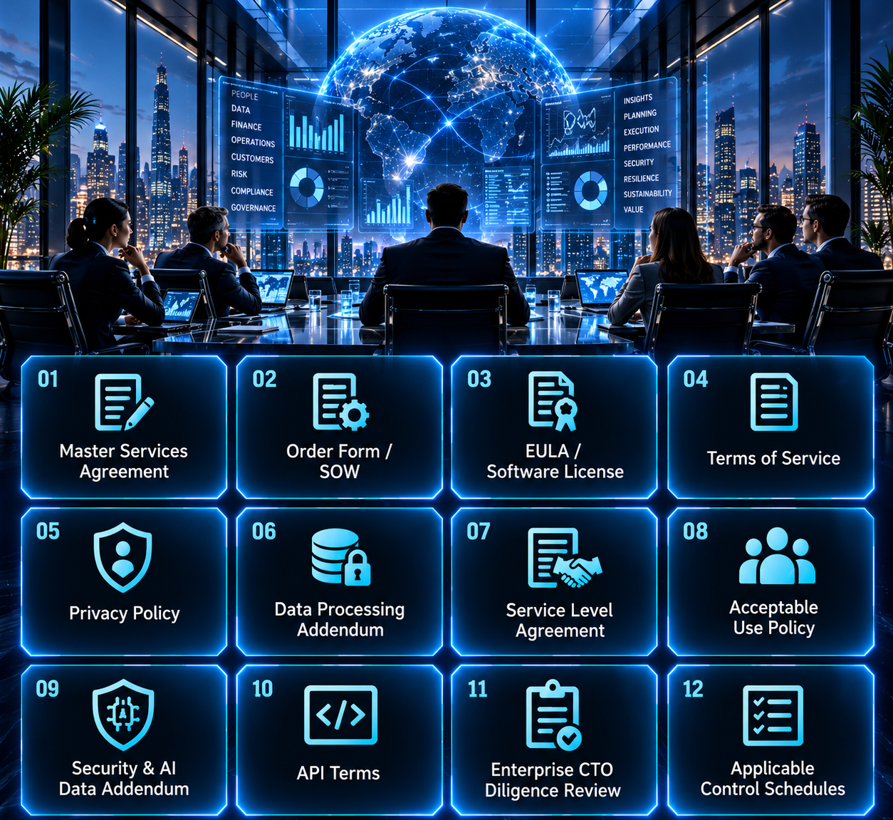 Twelve contract-backed accountability documents covering the Master Services Agreement, Order Form, software license, Terms of Service, Privacy Policy, Data Processing Addendum, Service Level Agreement, Acceptable Use Policy, Security and AI Data Addendum, API Terms, Enterprise CTO Diligence Review, and applicable control schedules