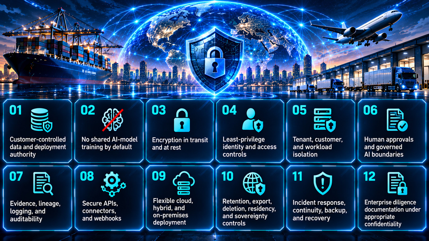 Enterprise security at a glance across customer-controlled data, AI-model training restrictions, encryption, access controls, workload isolation, governed AI, evidence, APIs, deployment, data lifecycle, incident response, and diligence documentation
